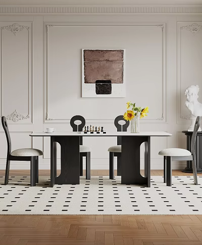 Elegant Dining Table Set with Black Frame Beige Seat Chairs Sunflower Vase Artwork Checkered Rug 3d model