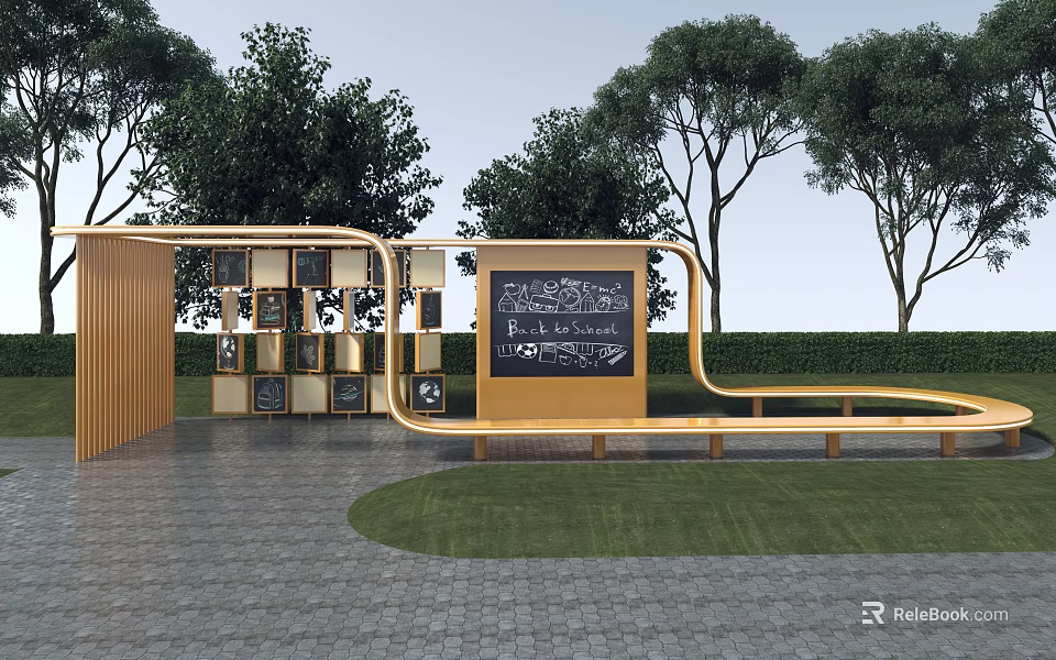 Outdoor Kids Play Area With Wooden Structure Blackboard Wall Trees Grass And Benches 3d model 