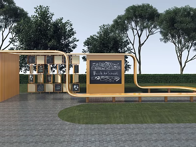 Outdoor Kids Play Area With Wooden Structure Blackboard Wall Trees Grass And Benches 3d model