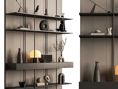 Modern Multi Layered Bookshelf Design With Decorative Vases Sculptures And Lamps 3d model