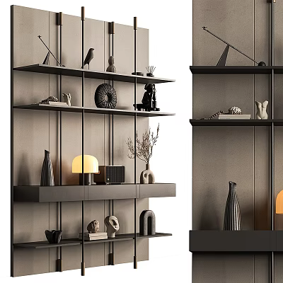 Modern Multi Layered Bookshelf Design With Decorative Vases Sculptures And Lamps 3d model
