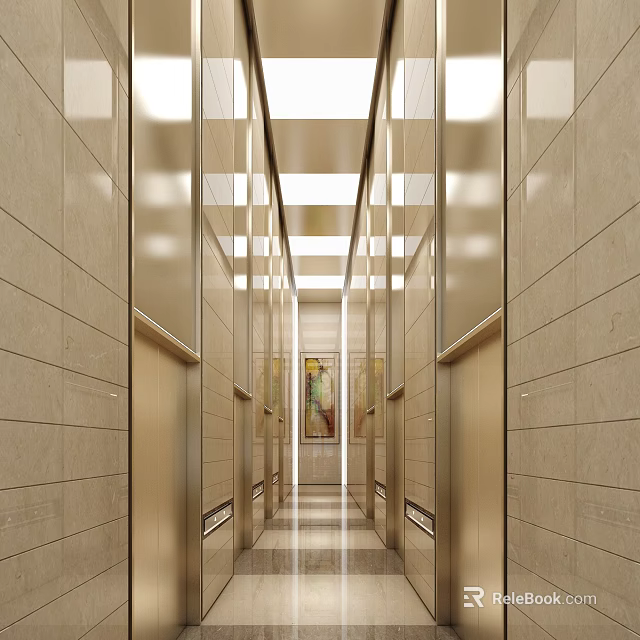 Modern Elevator Corridor With Stone Walls Glass Partitions And Ceiling Lights 3d model