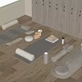 Yoga Sports Equipment with Mats Rollers Cushions and Lockers on Wooden Floor