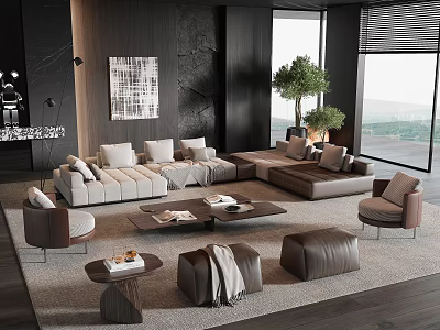 Modern Sectional Sofa And Coffee Table Set With Plush Pillows Area Rug And Armchairs 3d model