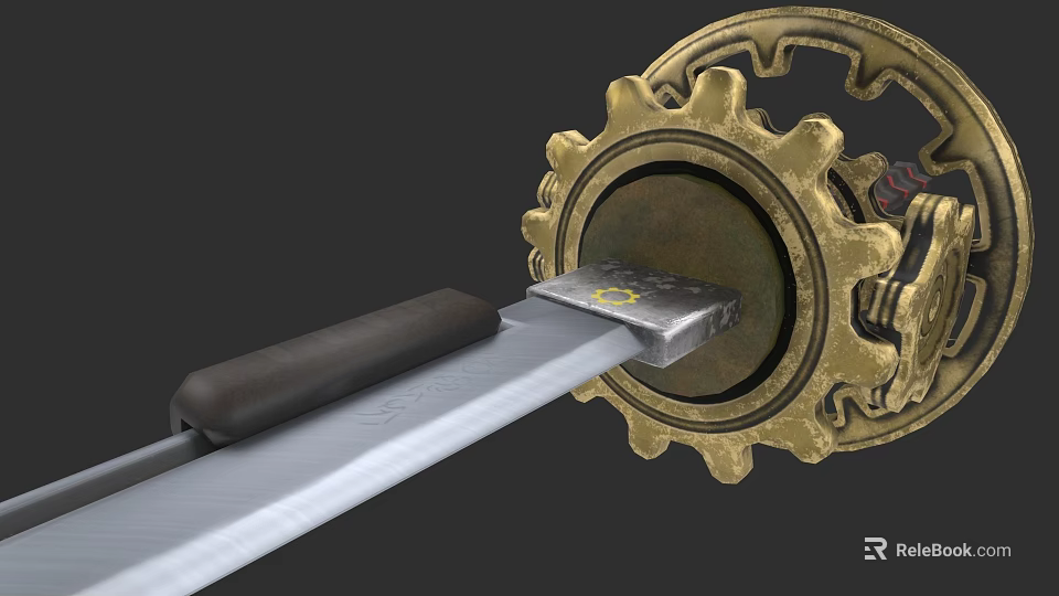 Intricate Steampunk Sword Featuring Golden Gear Decoration Silver Blade And Black Hilt 3d model 