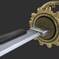 Intricate Steampunk Sword Featuring Golden Gear Decoration Silver Blade And Black Hilt