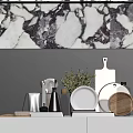 Stylish Dinnerware Set Display With Marble Backsplash Wooden Cutting Board And Green Plant
