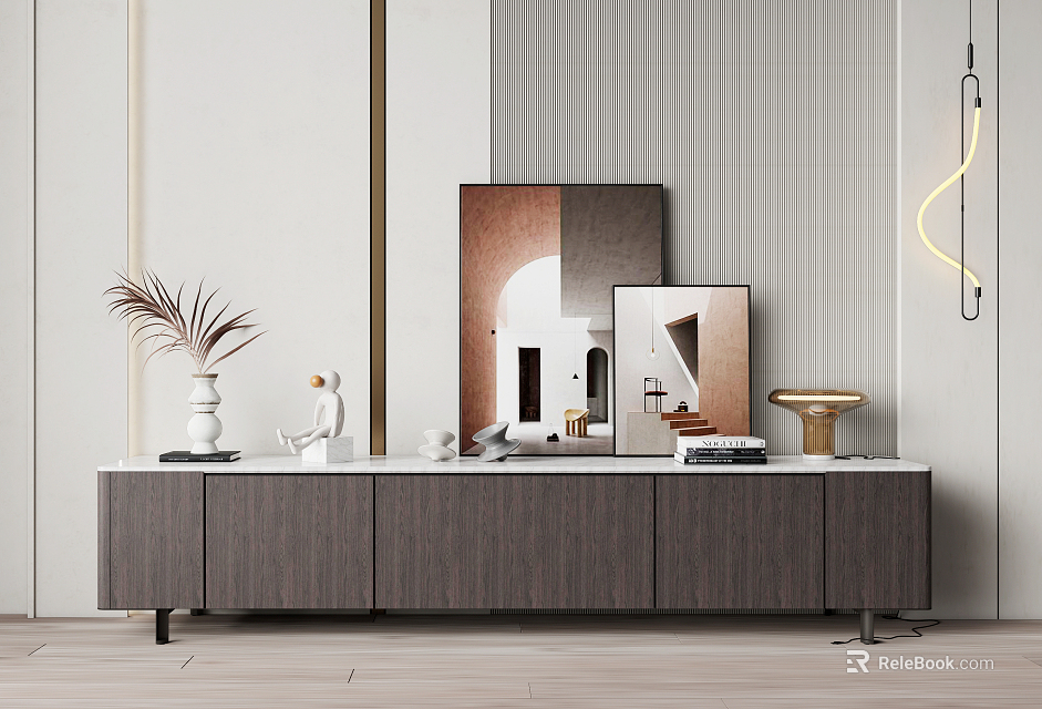 Modern TV Stand with Wooden Design Decorative Plants Books and Wall Art 3d model 