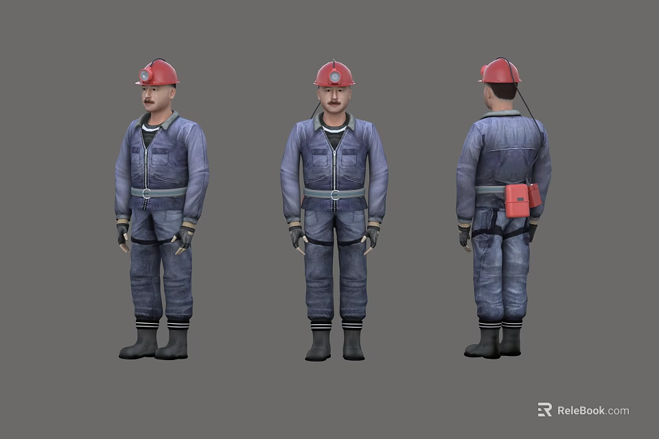 Man in Blue Work Uniform With Red Hard Hat From Three Different Angles 3d model