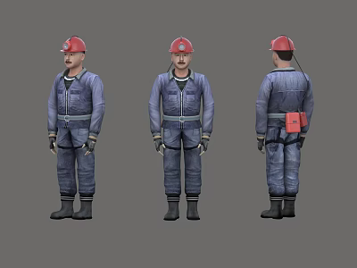 Man in Blue Work Uniform With Red Hard Hat From Three Different Angles 3d model
