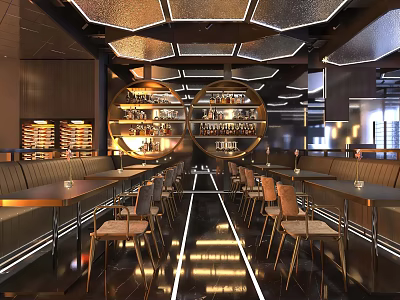 Modern Bar Interior With Geometric Lights Shelves And Seating 3d model