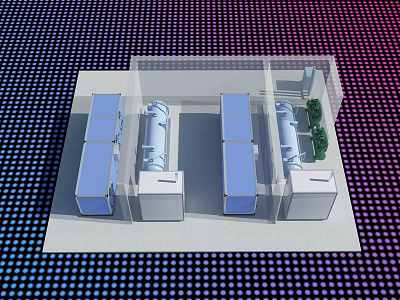 3D Rendered Interior Layout With Blue Furniture White Cabinets And Green Plants 3d model