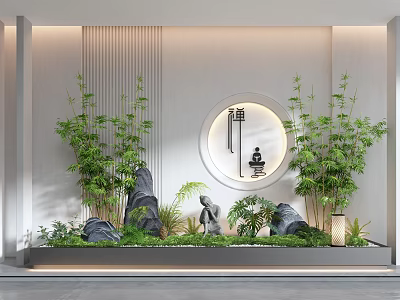 Serene Indoor Landscape With Bamboo Rocks Green Plants Small Statue And Circular Decoration 3d model