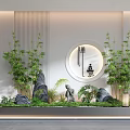 Serene Indoor Landscape With Bamboo Rocks Green Plants Small Statue And Circular Decoration