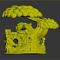 Magical Tree Scene Featuring Stone Archway Wooden Cabin Red Flag And Figure