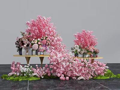 Pink Cherry Blossom Floral Display with Flower Bouquets Shelves and Green Grass 3d model