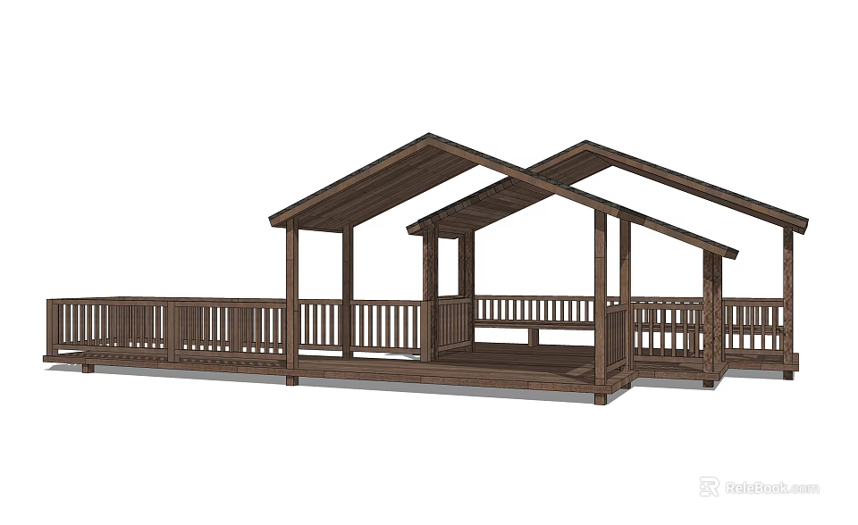 Wooden Covered Outdoor Pavilion Deck With Multiple Roofs And Railings 3d model 
