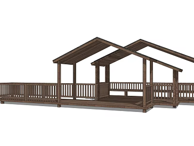 Wooden Covered Outdoor Pavilion Deck With Multiple Roofs And Railings 3d model