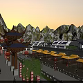 Traditional Chinese Commercial Street With Red Lanterns Yellow Shops And Mountain Backdrop At Dusk