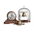 Vintage Decorative Ornament Set with Wooden Base Ship Design and Glass Dome Brass Bell
