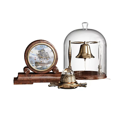 Vintage Decorative Ornament Set with Wooden Base Ship Design and Glass Dome Brass Bell 3d model