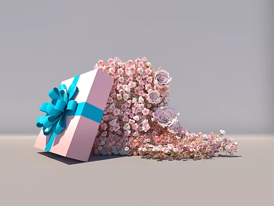 Romantic Pink Gift Box With Blue Bow And Scattered Pink Flowers Photo Spot 3d model