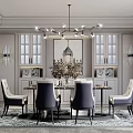Modern Elegant Dining Room With Chandelier Dining Table Chairs Decorative Artwork Rug Wall Sconces And Windows