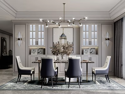 Modern Elegant Dining Room With Chandelier Dining Table Chairs Decorative Artwork Rug Wall Sconces And Windows 3d model