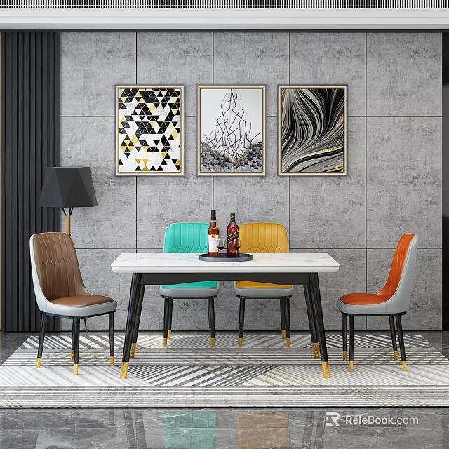 Modern Rectangular Dining Table Set With Multicolored Chairs And Black Metal Legs 3d model