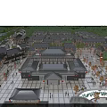 Traditional Commercial Street With Vibrant Evening Lights Plaza Fountain And Pedestrians