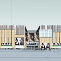 Modern Commercial Complex With Large Billboards Female Faces Glass Entrance And Pedestrians