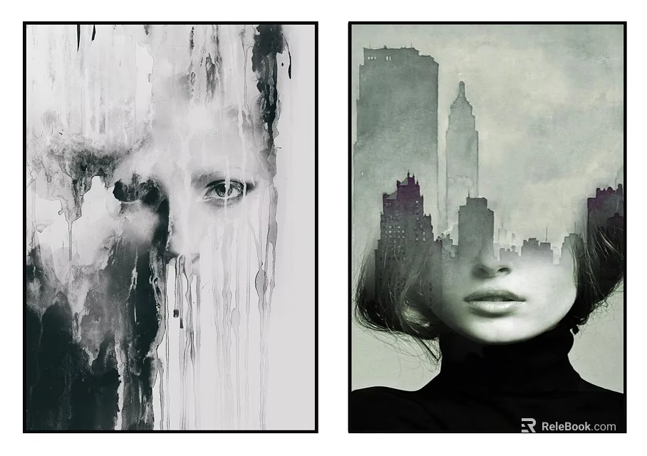 Black And White Abstract Painting With Dripping Effect Face And City Silhouette 3d model 