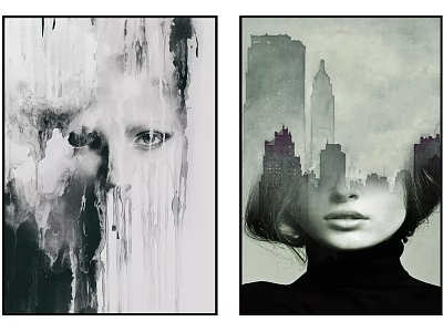 Black And White Abstract Painting With Dripping Effect Face And City Silhouette 3d model