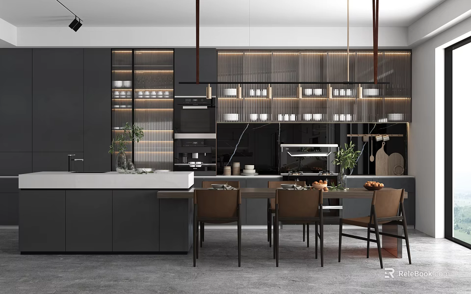 Modern Restaurant Interior Design With Black Cabinets Dining Table And Pendant Lights 3d model