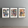 Three Abstract Geometric Paintings With Colorful Rectangles On Gray Wall 3d model