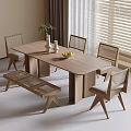 Minimalist Wooden Dining Table with Woven Backrest Chairs and Bench in Natural Tone Indoor Space