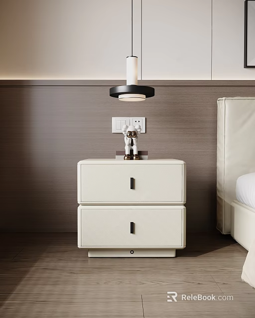 Modern Bedroom Bedside Table With Two Drawers Decorative Figurine And Hanging Lamp 3d model 
