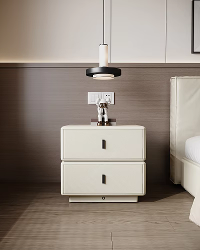 Modern Bedroom Bedside Table With Two Drawers Decorative Figurine And Hanging Lamp 3d model
