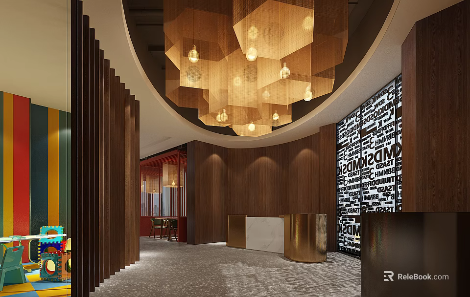 Hotel Lobby Interior With Modern Wooden Walls Circular Chandelier Reception Counter And Decorative Text Wall 3d model 