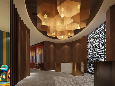 Hotel Lobby Interior With Modern Wooden Walls Circular Chandelier Reception Counter And Decorative Text Wall 3d model