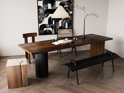Wooden Desk With Table Lamp Books Chair And Bench Near Decorative Painting On Wall 3d model