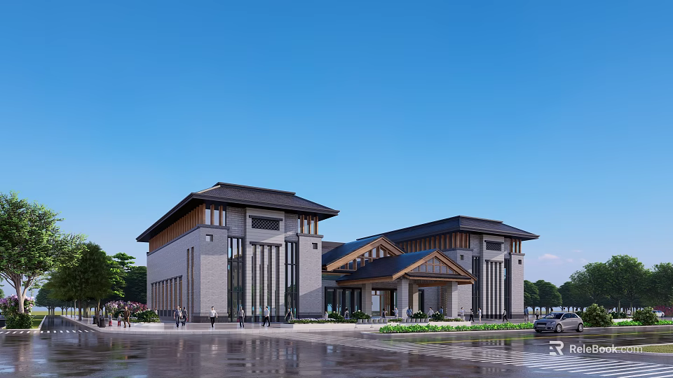 Traditional Chinese Detached Villa With Gray Stone Facade Black Roof Porch Trees And Driveway 3d model 