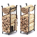 Stone Wood Firewood Stacked On Metal Racks With Tools And Logs