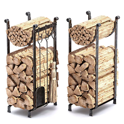Stone Wood Firewood Stacked On Metal Racks With Tools And Logs 3d model
