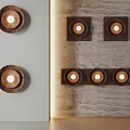 Modern Wooden Wall Lamps With Round Light Fixtures On Stone And Plain Walls