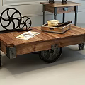 Tufted Leather Armchair And Wooden Coffee Table Set With Metal Stools And Vintage Lamp