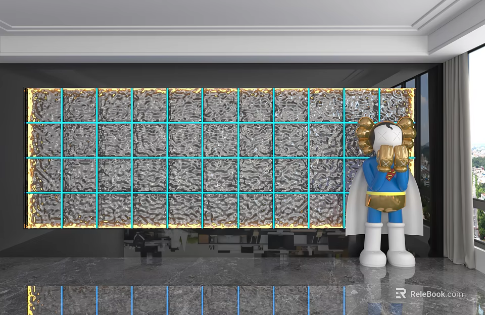 Gray Square Tile Background Wall With Golden Border And Cartoon Character Statue 3d model