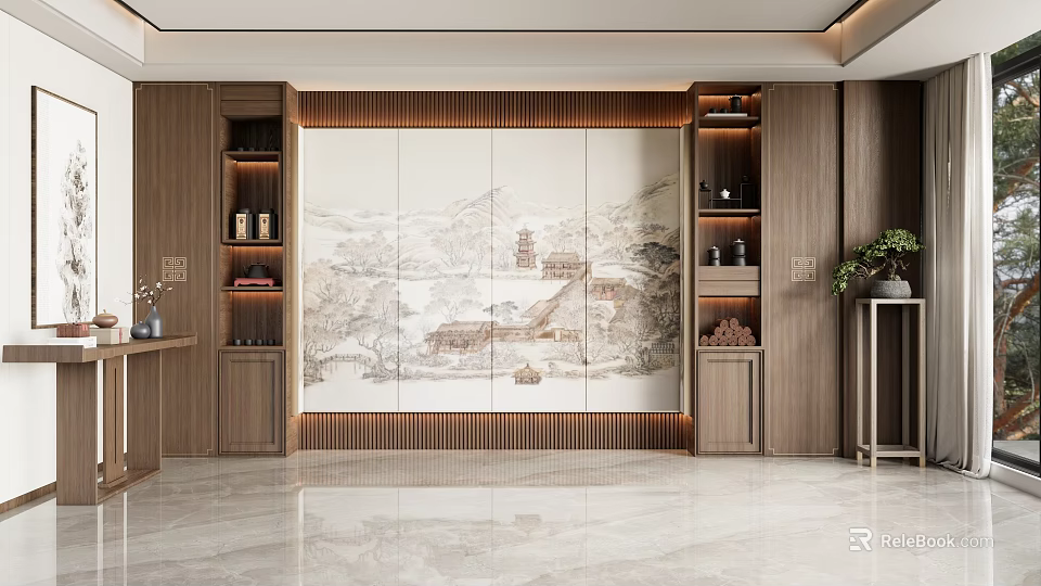 Modern Luxury Living Room Sofa Backdrop Wall With Chinese Landscape Painting And Wooden Cabinets 3d model 