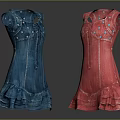 Blue and Pink Denim Sleeveless Dresses With Ruffled Hem and Decorative Details
