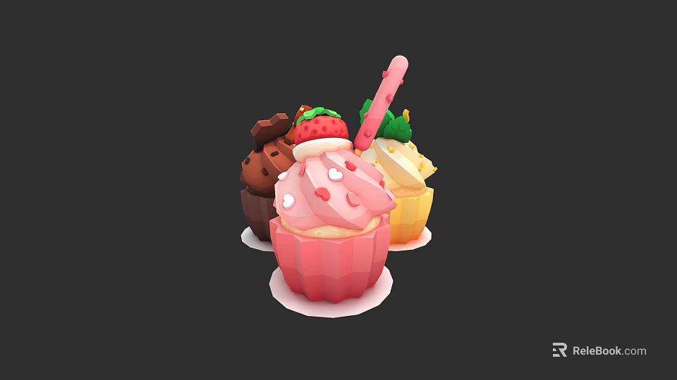 Assorted Colorful Cupcakes With Strawberry Chocolate Toppings And Vibrant Decorations 3d model 